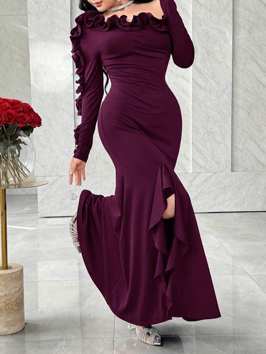 Modelyn 女士纯色荷叶边不对称领长袖鱼尾修身优雅连衣裙 - 紫色 - 查看 1