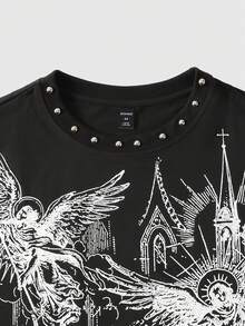 ROMWE MEN Street Life Men's Studded Graphic Print Short Sleeve T-Shirt Spring/Summer - Black - View 2