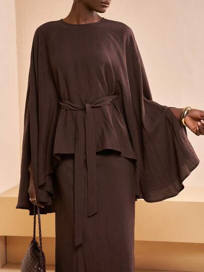 Zivah 2026 Spring/Summer New Elegant Commuter Brown Linen Material Loose Bat Sleeve Waist Tie Blouse + High Waist Fishtail Skirt Women Two Pieces Set,Suitable For Festivals, New Year,Christmas, Daily Outings, Commuting, Shopping, Party, Wedding Guest Clothing, Travel, Airport Outfit , Dating,Casual,Shopping,Nightclubs, Clubs-Z