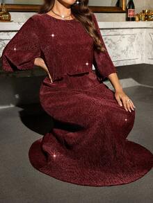 Reflora Plus Size Elegant Sparkly Long Dress For Party - Burgundy - View 7