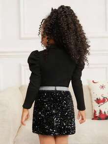 SHEIN Holiday Party Outing Gathering Christmas Sequin Bodycon Mini Skirt, Party Dress, Silver Waistband Skirt, Girl Sequin Skirt, Black Sequin Skirt, Girls Skirt, Girls Sparkle Skirt - Black - View 4