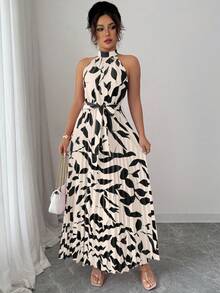 Elenzga Women's Summer Elegant Floral Loose-Fitting Halter Dress - Apricot - View 4