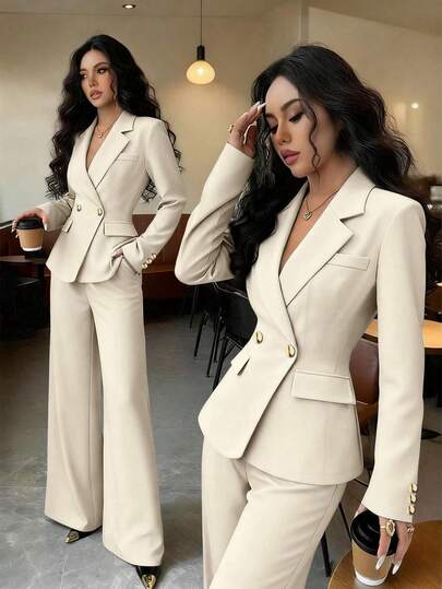 Franclia 女士优雅通勤双面领纯色蓝金纽扣西装外套+口袋长裤，秋冬季百搭单品