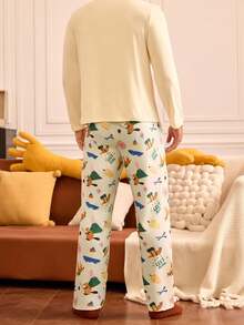 Notgurli Men Cartoon Print Long Sleeve Pants Pajama Set - White - View 2