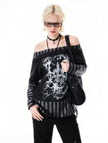 Bloopia Women's Knitted Long Sleeve Striped Patchwork Off Shoulder Sweatshirt, Fashionable And Versatile - Black - View 3