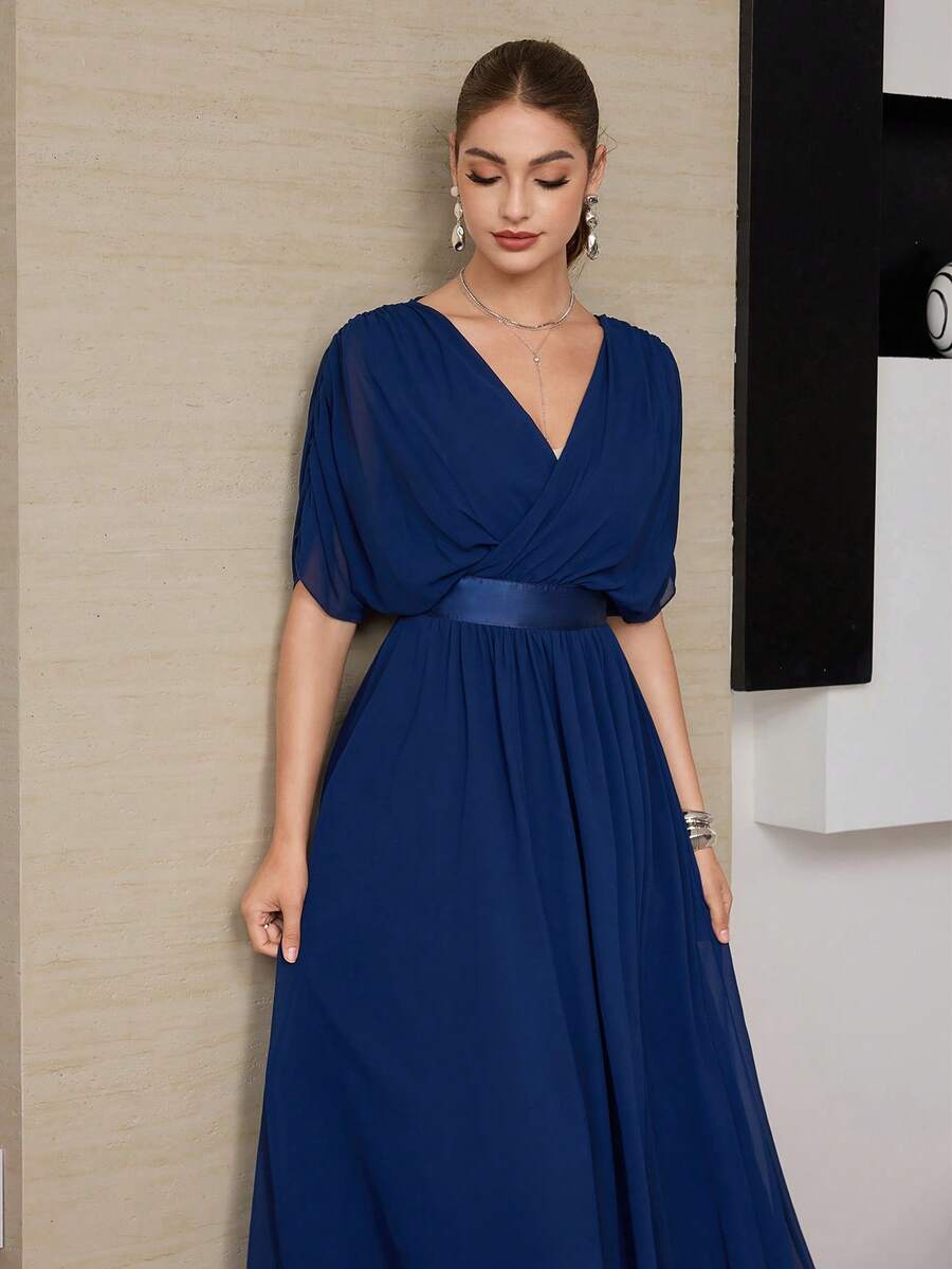 Modelyn Rochie lungă elegantă pentru femei, în culoare solidă, cu talie strânsă, potrivită pentru petreceri - Albastru marin - Vizualizare 1