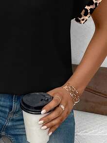 EMERY ROSE New Fashion Women's V-Neck T-Shirt With Leopard Print Trim - Black - View 3