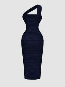 SHEIN MOD 女士复古不对称褶皱无袖连衣裙 - 藏蓝色 - 查看 2