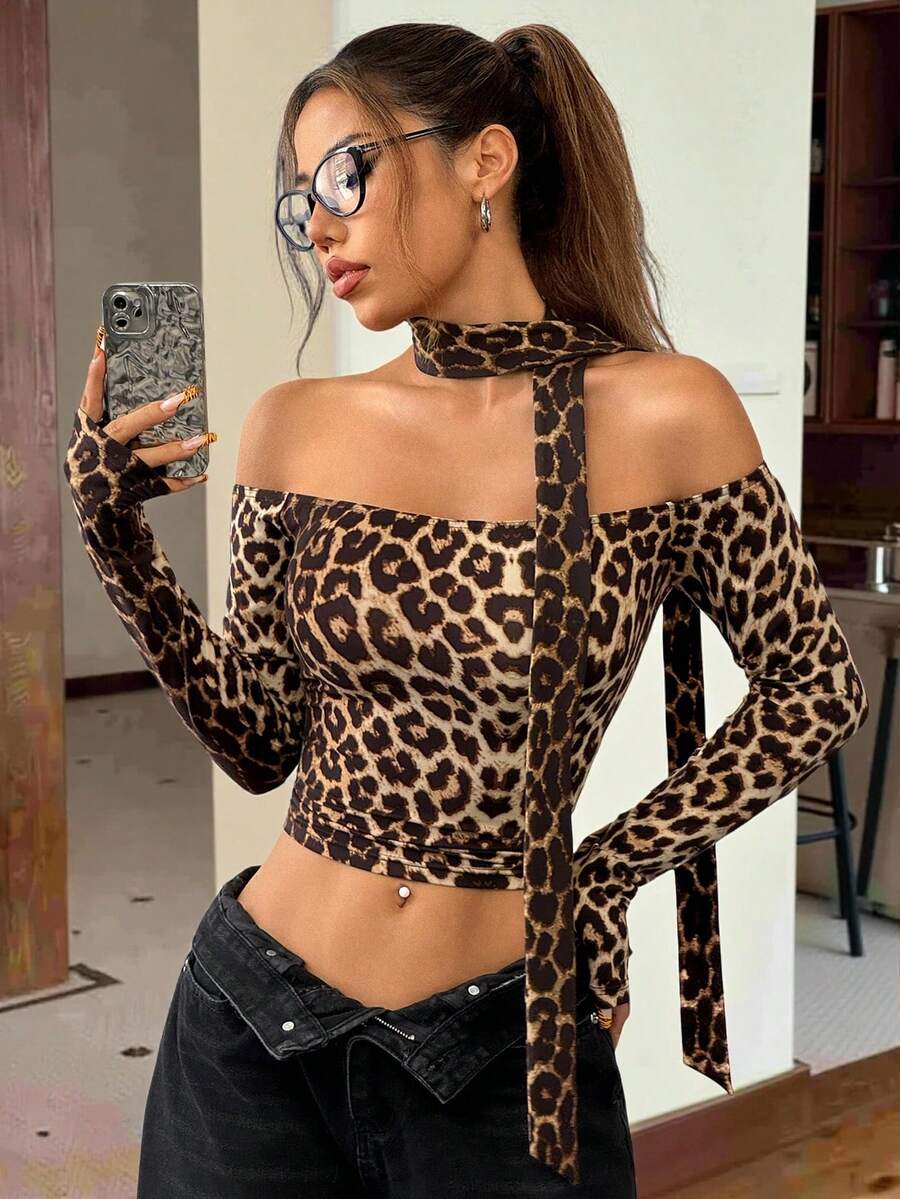 SHEIN EZwear Women Off Shoulder Long Sleeve Slim Elegant Charming Leopard Print T-Shirt - Multicolor - View 1