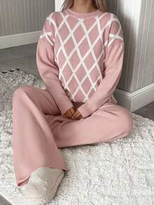 SHEIN Tall Tall Gold Lurex Jacquard Sweater Long Tunic And Solid Sweater Pants Set Elegant And Suitable For Modest Women Winter Sweater Set - Dusty Pink - View 4