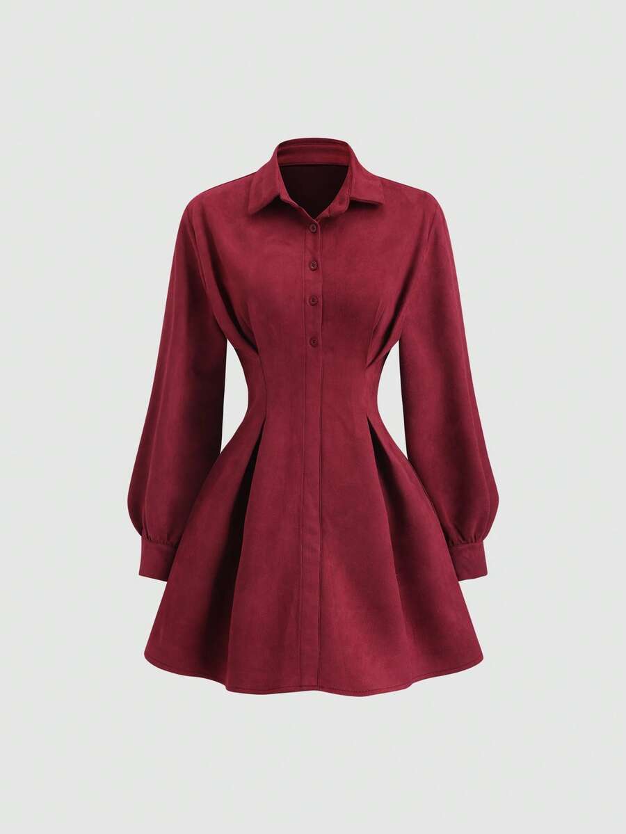 Sweetra Women's New Spring/Autumn Suitable For Outing, Vacation, Commuting, College Style Solid Color Suede Fabric Waist Pleated Design Mini A-Line Dress - Burgundy - View 1