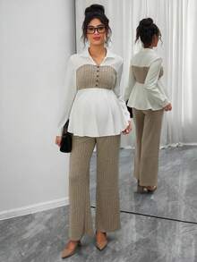 SHEIN 2pcs Maternity Set: Patchwork Collar Fitted Top And Ribbed Wide Leg Pants - Multicolor - View 1
