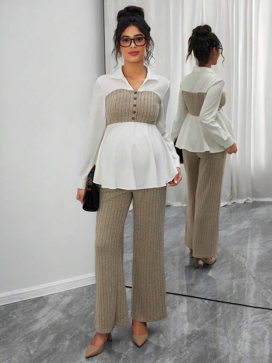 SHEIN 2pcs Maternity Set: Patchwork Collar Fitted Top And Ribbed Wide Leg Pants - Multicolor - View 1