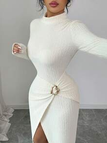 Elenzga Đầm dự tiệc đa năng hàng ngày, cổ áo Mandarin, dệt kim họa tiết, viền kim loại, nút bấm, gợi cảm, thanh lịch dành cho nữ - Màu be - Xem 3