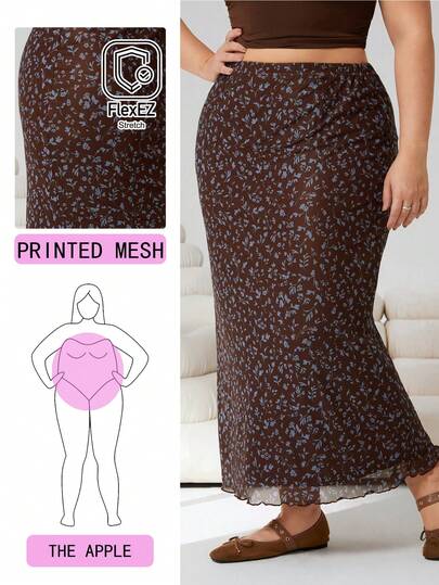 Solflare 2026 New Casual Ditsy Floral High Stretch Mesh Skirt, Suitable For Outings, Daily Casual, Parties, Commuting, Back To School, Dates, Home, Birthday Parties And Multiple Occasions, Khaki Base With Blue Ditsy Floral, Plus Size