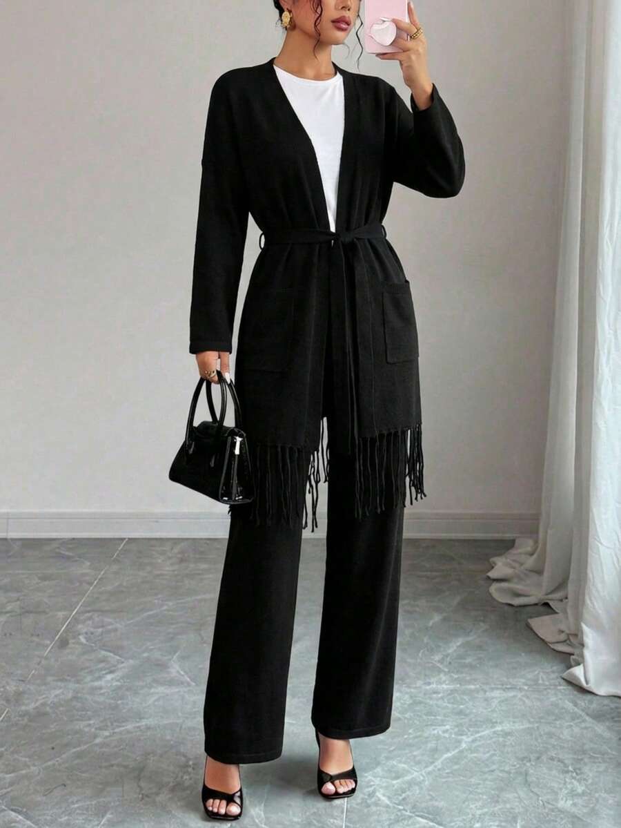 Mujer cárdigan casual de punto suave con flecos y cinturón ajuste holgado cuello en V manga larga otoño invierno para uso diario - Negro - Ver 1