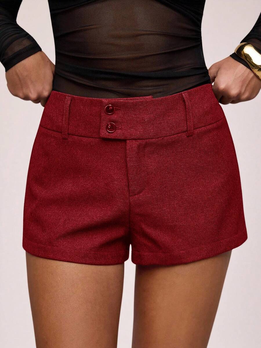 SHEIN BAE Women's Solid Color Waist Button Design Casual Commuter Shorts - Burgundy - View 1