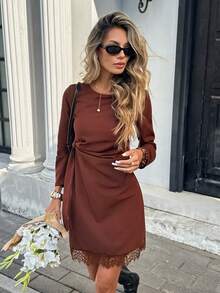 Serisse Women's Coffee Brown Long Sleeve Round Neck Pleated Mini Dress,Autumn Casual Elegant Earth Tone Outfit For Holiday,Valentine,New Year's Eve,Occasion - Coffee - View 3