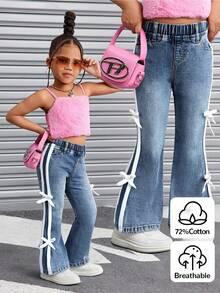 SHEIN Young Girl' White Ribbon Bow Accent Blue Denim Elastic Skinny Flare Pants - Light Wash - View 4