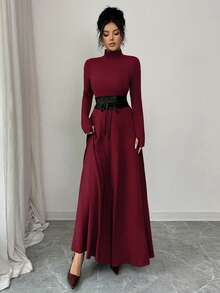 SHEIN Elenzya 女士奢华纯色长款针织连衣裙，半高领设计，修身剪裁，腰带装饰，凸显身材，复古优雅，适合日常、约会、晚宴、情侣装，秋冬内搭，春季外穿。 - 紅色 - 查看 6
