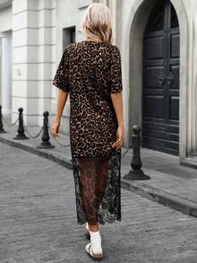 SHEIN LUNE 女士多色豹纹针织中长连衣裙，短袖圆领，薄纱蕾丝细节，棕色连衣裙，豹纹印花休闲长裙，夏季连衣裙，春季服装，女士夏季服装，休闲 - 棕色 - 查看 2