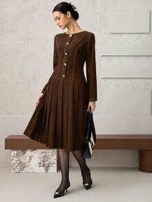 Heiryn Váy denim in họa tiết bất đối xứng xếp ly thắt eo thanh lịch mới - màu nâu - Xem 3