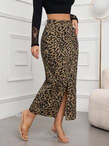 SHEIN Essnce Women's Fashionable Commuter Leopard Print Denim Mini Skirt - Coffee Brown - View 3