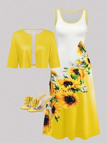 SHEIN EMERY ROSE CURVE 2pcs V-Neck Sleeveless Dress & Short Sleeve Open Front Cardigan Set - Yellow - View 4