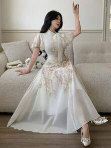 Modelyn 女士系带腰部褶皱印花喇叭连衣裙 - 綠色 - 查看 8