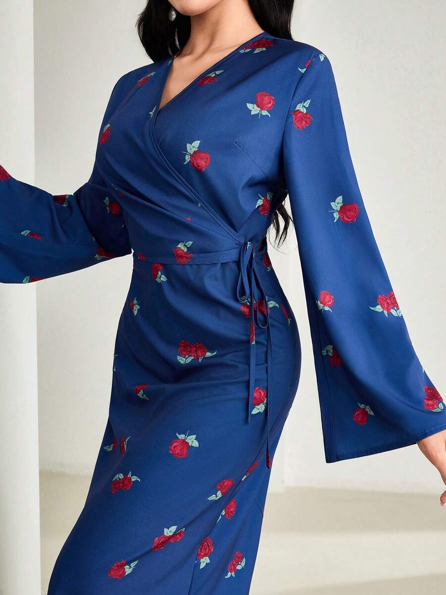 Veilorie Women's V-Neck Floral Print Overlap Flare Sleeve Modest Elegant Vacation Dress - Multicolor - View 1