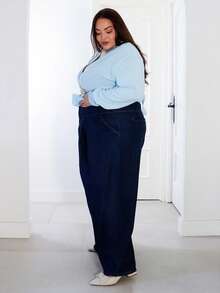 Pretty and Ole Jeans bleu foncé grande taille taille haute pantalon jambe large, vêtement élégant pour dames, confortable avec taille élastique, vêtements pour femmes en automne - Jean brut - Voir 9