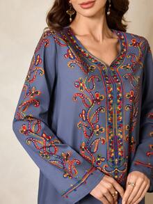 Al Najma Women's Floral Print V-Neck Long Sleeve Loose Arabic Style Dress Kaftan Jalabiya Dress - Grey - View 7