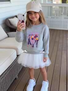 Toddler Girls' Casual Elegant Sweatshirt Dress, Mesh Hem Design, Cartoon Character & Girl Group Graphic, Comfortable Crew Neck Long Sleeve Hoodie Dress, Suitable For Autumn/Winter/Spring, Casual Outfit For School, Gathering, Outdoor, Photography, Holiday, Gift - Multicolor - View 5
