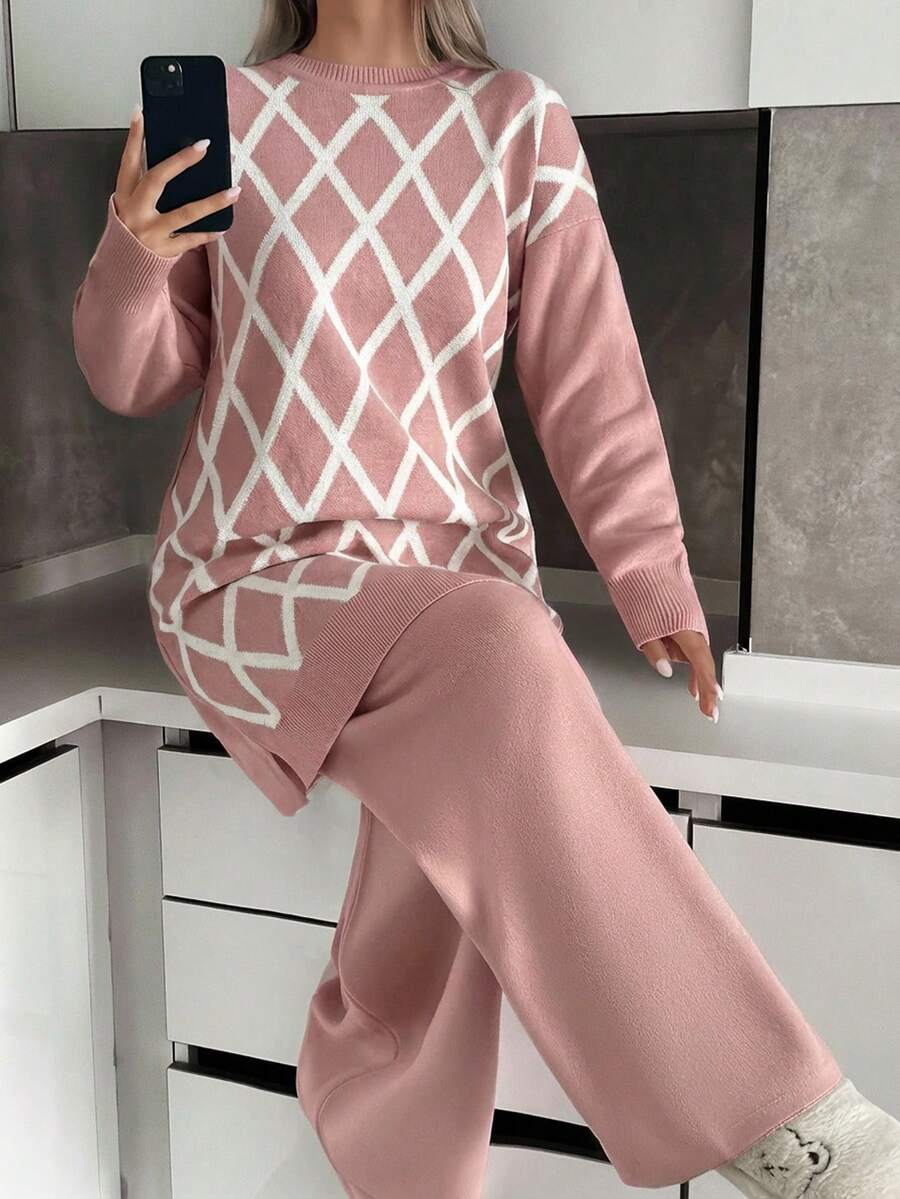 SHEIN Tall Tall Gold Lurex Jacquard Sweater Long Tunic And Solid Sweater Pants Set Elegant And Suitable For Modest Women Winter Sweater Set - Dusty Pink - View 1