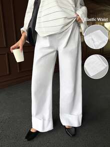 SHEIN Maternity Solid Color Casual Versatile Straight Leg Jeans White Women's Solid Elastic Waist Loose Lounge Straight Leg Pants White Wide Leg Pants White Pants Elastic Waist Trousers Minimalist Bottoms Elegant Long Pants Winter Spring Christmas New Year Thanksgiving Commuting Vacation Graduation Chic Y2k Cute Streetwear Party Wedding Elegant Business Casual Woman - White - View 1