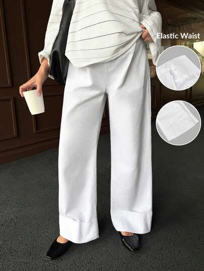 SHEIN Maternity Solid Color Casual Versatile Straight Leg Jeans White Women's Solid Elastic Waist Loose Lounge Straight Leg Pants White Wide Leg Pants White Pants Elastic Waist Trousers Minimalist Bottoms Elegant Long Pants Winter Spring Christmas New Year Thanksgiving Commuting Vacation Graduation Chic Y2k Cute Streetwear Party Wedding Elegant Business Casual Woman