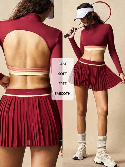 VARSIVA Women's Anchor Red Color Block Long-Sleeved Backless Top And Anchor Red Color Block Pleated Skirt With Built-In Jumpsuit Shorts Casual Tennis Set.