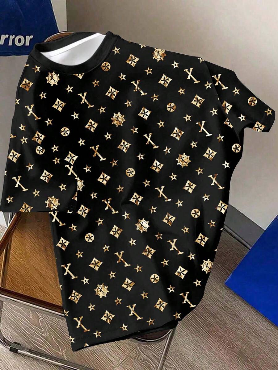 Manfinity Dauomo Men's Casual Crew Neck Allover Print Short Sleeve T-Shirt, Summer - Black - View 1