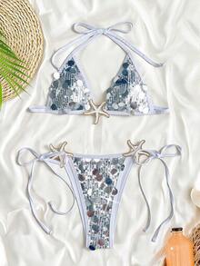 Swim SXY Women's Sexy Swimsuit Sequin Halter Bikini Set, Backless Tie Strap Bathing Suit, Spring/Summer Beach Swimwear - Silver - View 3