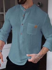 Manfinity Homme Camisa casual de manga larga de color azul sólido para hombre, para el otoño - Azul - Ver 4