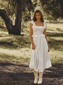 WESTFADE White Summer Modest Vacation Holiday Ruffle Tie Back Button Front Smocked Waist Relaxed Fit & Flare Textured Woven Midi Dress,Boho Nashville Cowgirl - White - View 1