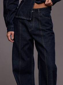 MUSERA 阔腿双缝线前片深色水洗牛仔裤（仅裤子）秋冬夜间外出街头风可爱返校性感未剪裁时尚 - 藍色 - 查看 5