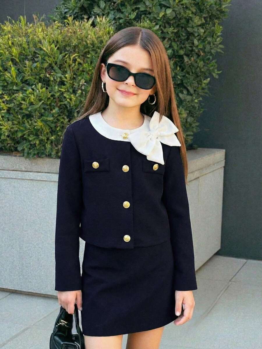 SHEIN 少女都市时尚长袖蝴蝶结装饰外套和迷你裙套装 - 藏蓝色 - 查看 1