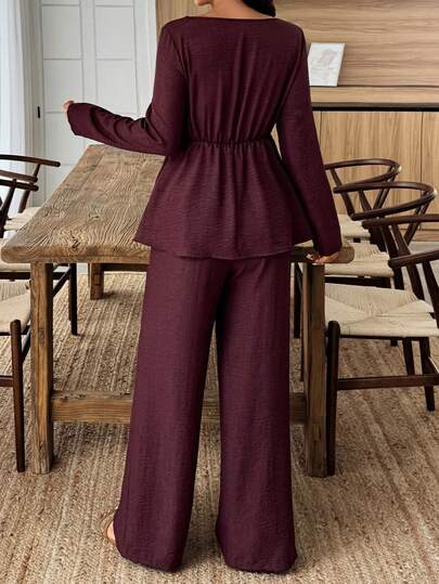 Elouméa 2pcs Plus Size Women Floral Decor Square Neck Ruffle Hem Pants Set, Autumn/Winter