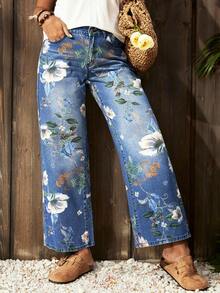EMERY ROSE 女士碎花口袋阔腿宽松休闲牛仔裤 碎花牛仔裤 花朵牛仔裤 阔腿碎花牛仔裤 女士碎花牛仔裤 冬季新年 - 中等水洗藍 - 查看 3