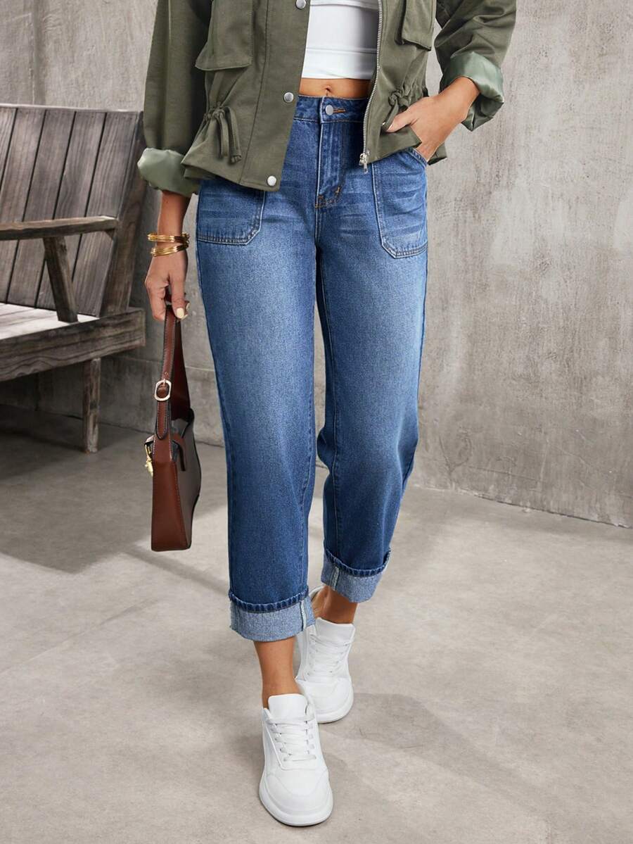 EMERY ROSE Quần jeans ống côn cạp cao có túi dành cho nữ, kiểu dáng thường ngày đa năng - Màu xanh lam - Xem 1