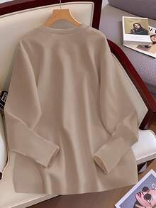 Resyla 新款卡其色圆领长袖女式T恤，饰有3颗心形图案，春秋季流行款