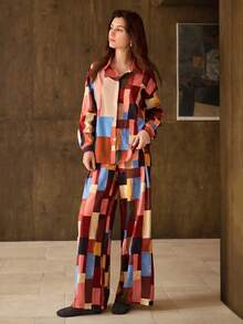 Hansera 2pcs Set: French Pattern Print Long Sleeve Concealed Placket Shirt & Wide Leg Pants, Suitable For Daily, Elegant, Outdoor, Retro, Autumn/Winter Outfits,Christmas Outfit For Women,Graphic Tee,Graphic Tees Women,Elegant Blouses For Women,Red - Multicolor - View 3