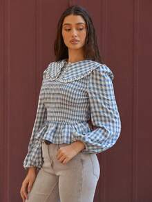 WESTFADE Áo peplum dài tay bồng cổ bèo nhún kẻ caro dáng rộng - Màu xanh nhạt - Xem 4