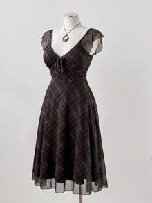 Sunspun Plaid Print Cap Sleeve Square Neck Midi Dress, Summer - Multicolor - View 1